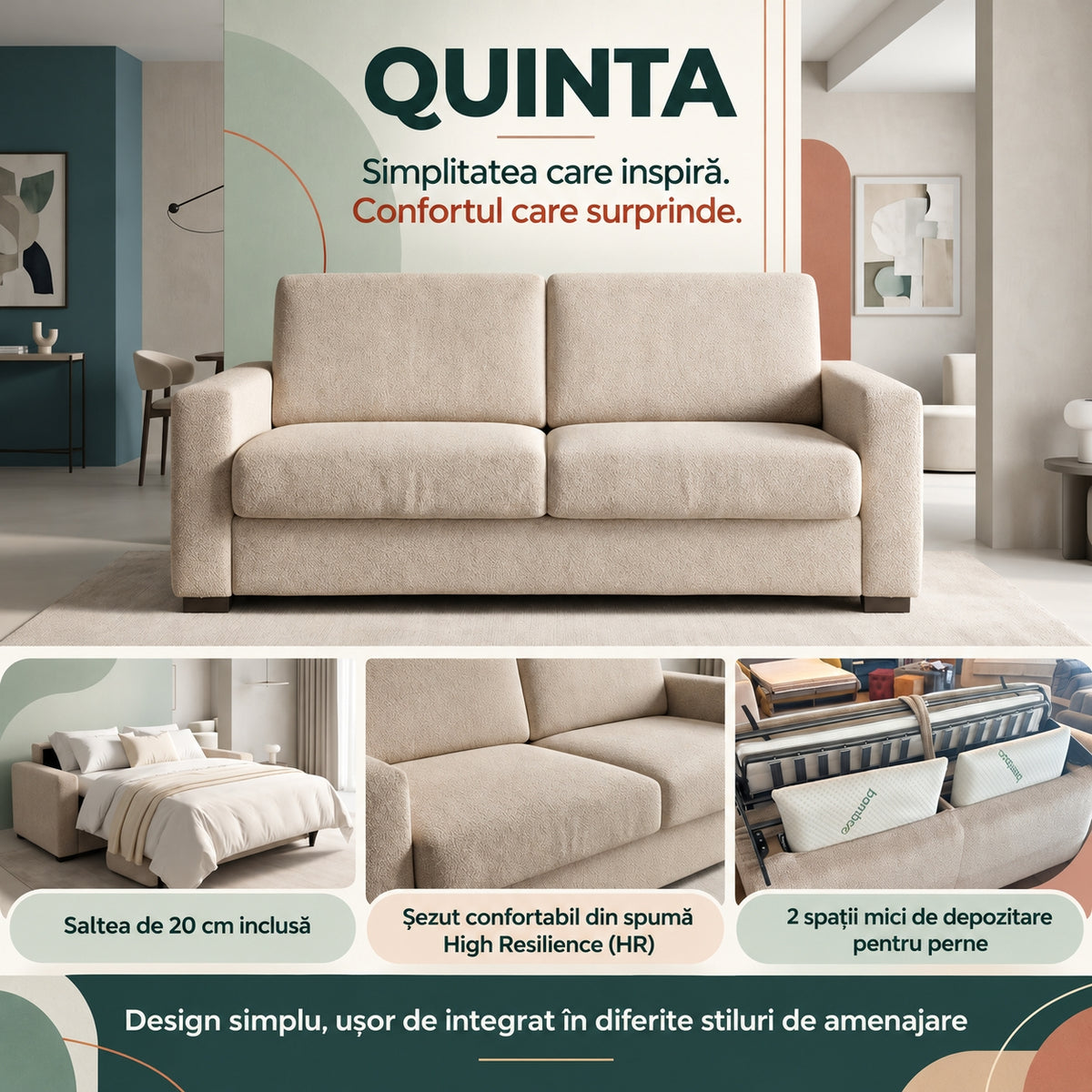 Canapea extensibilă QUINTA C4, saltea de 20 cm inclusă, șezut din spumă HR și 2 spații de depozitare pentru perne