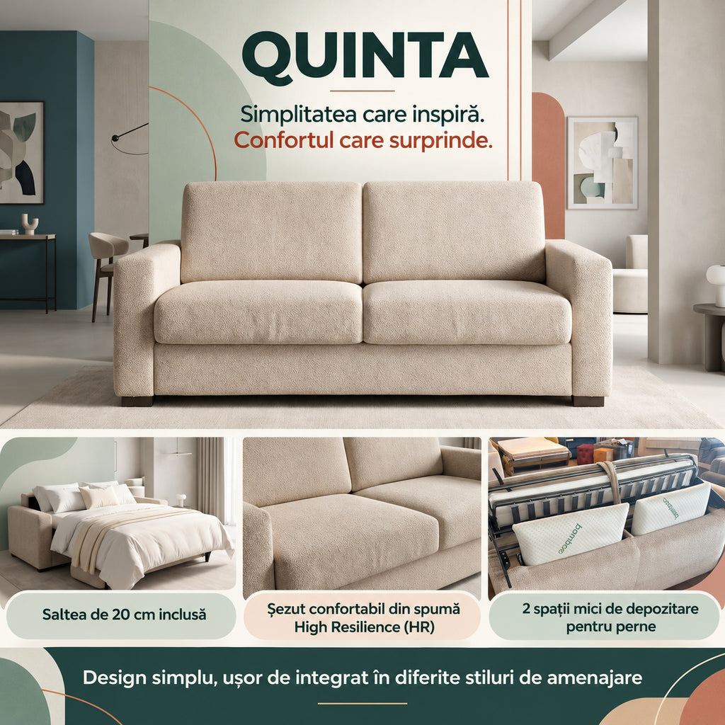 Canapea extensibilă QUINTA C3, saltea de 20 cm inclusă, șezut din spumă HR și 2 spații de depozitare pentru perne