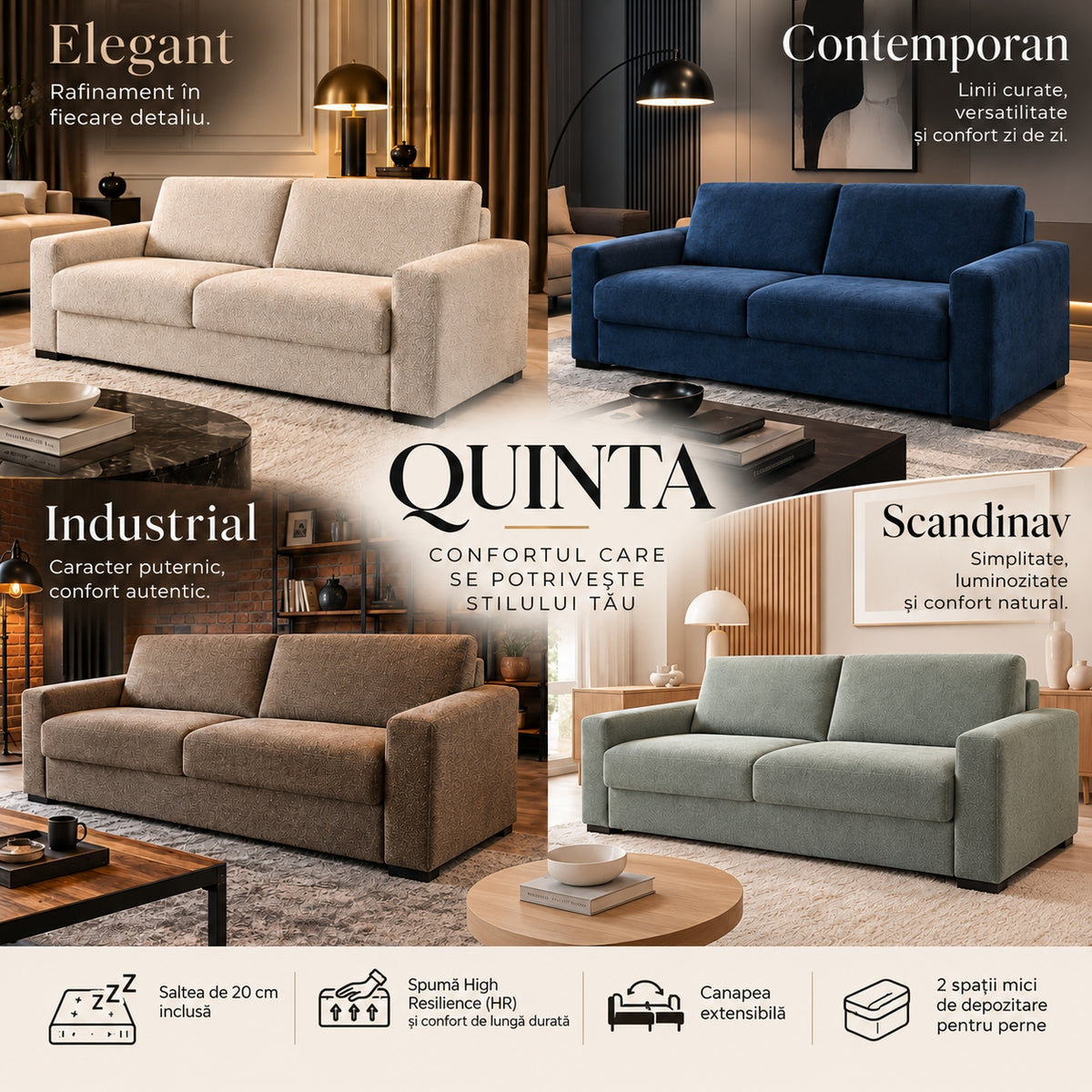 Canapea extensibilă QUINTA C3, culori disponibile pentru tapițerie