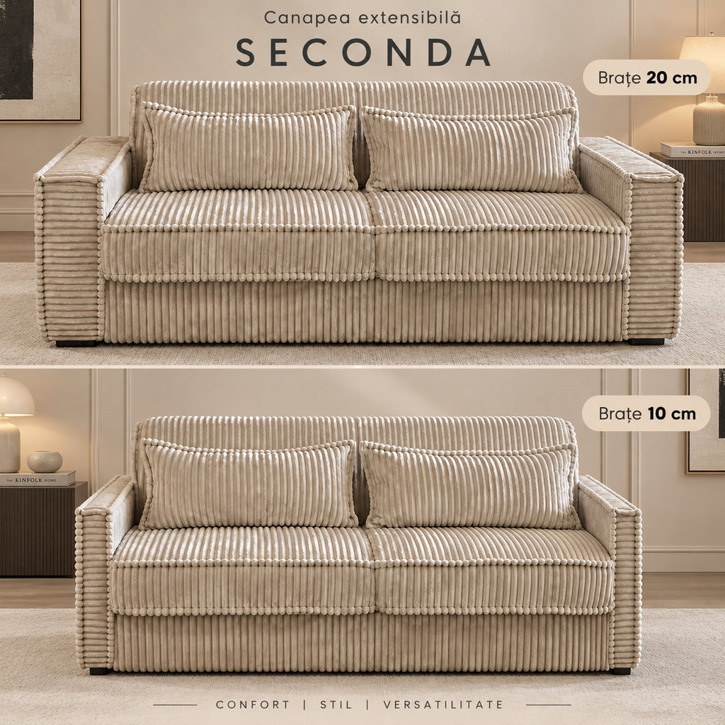 Canapea extensibilă SECONDA crem, brațe de 10 sau 20 cm