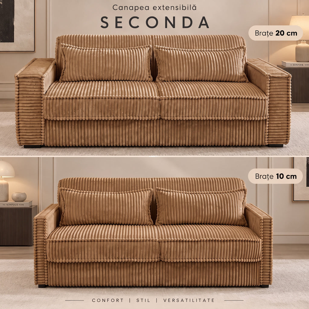 Canapea extensibilă SECONDA maro, brațe de 10 sau 20 cm