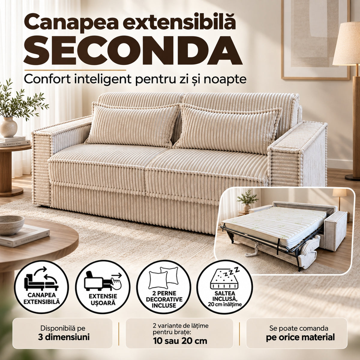 Canapea extensibilă SECONDA avantaje, salteaua inclusă