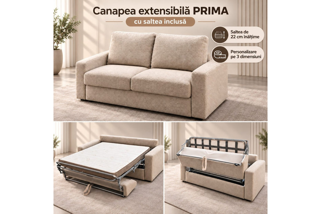 Canapea Extensibilă PRIMA – Saltea Inclusă 22 cm, Mecanism Italian și Brațe la Alegere