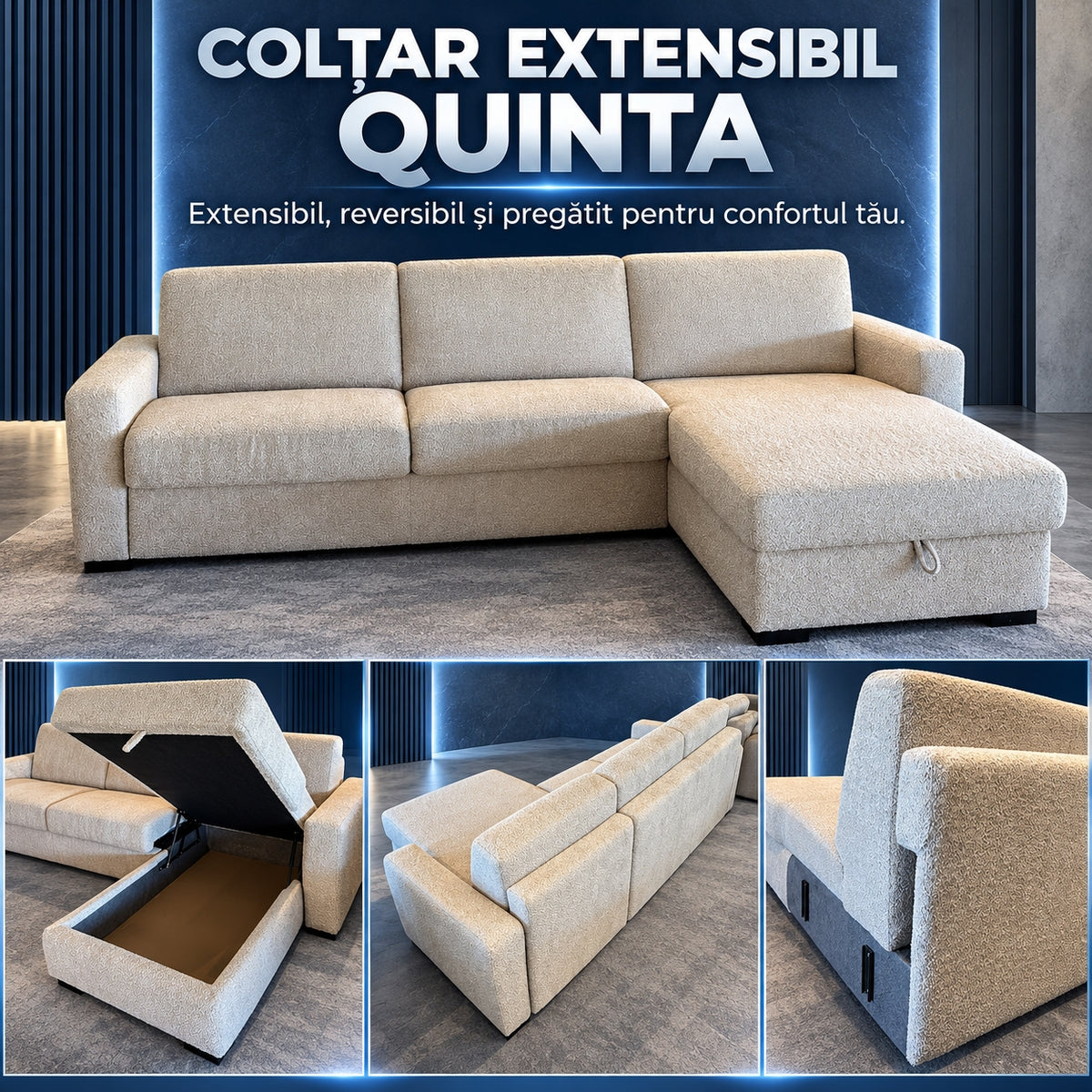 Colțar extensibil QUINTA C2+M, detalii: ladă, spătar și sistem de prindere