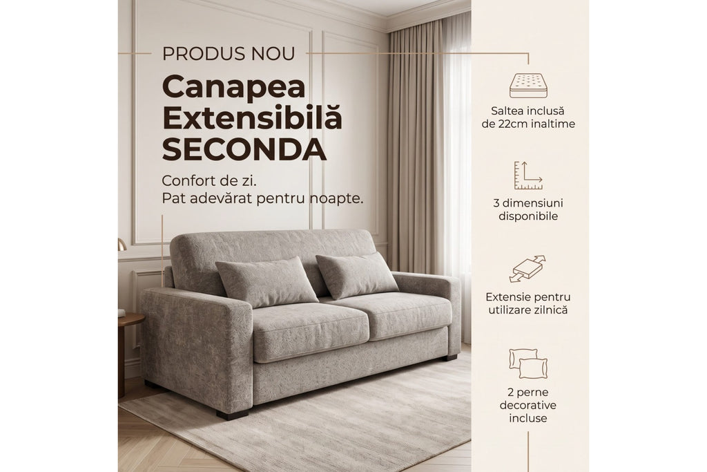 Canapea Extensibilă SECONDA – Saltea Inclusă 22 cm și 2 Perne Decorative