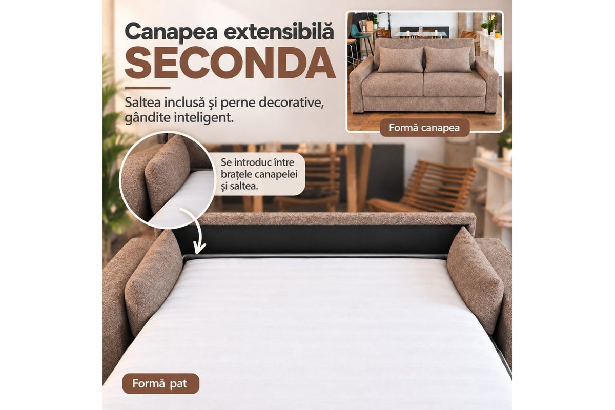 Canapea Extensibilă SECONDA – Saltea Inclusă 22 cm și 2 Perne Decorative