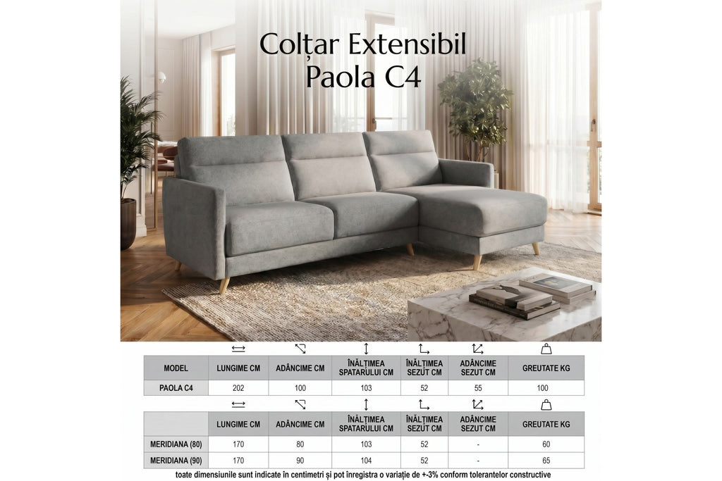 Colțar Extensibil PAOLA – Sistem Ribalta, Saltea Inclusă și Spațiu de Depozitare