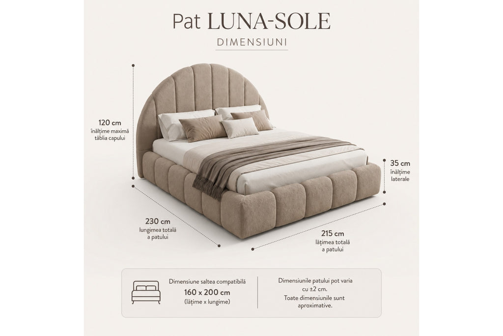 Pat Tapițat LUNA SOLE – Design cu Tăblie Semirotundă, Inspirat din Răsărit