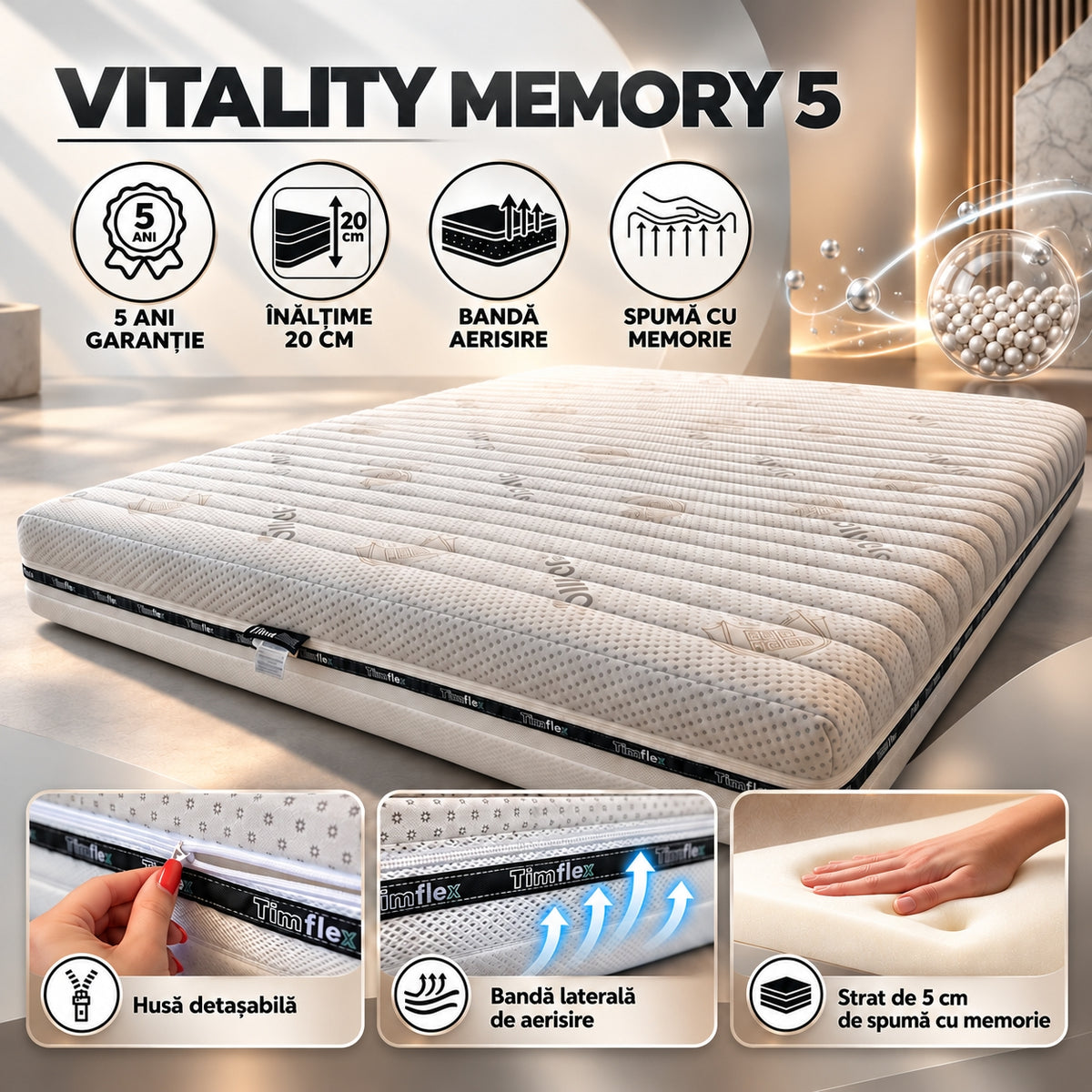 Saltea VITALITY MEMORY 5 160x200, 20 cm – Spuma cu Memorie, Suport Ortopedic si Ventilatie Activa