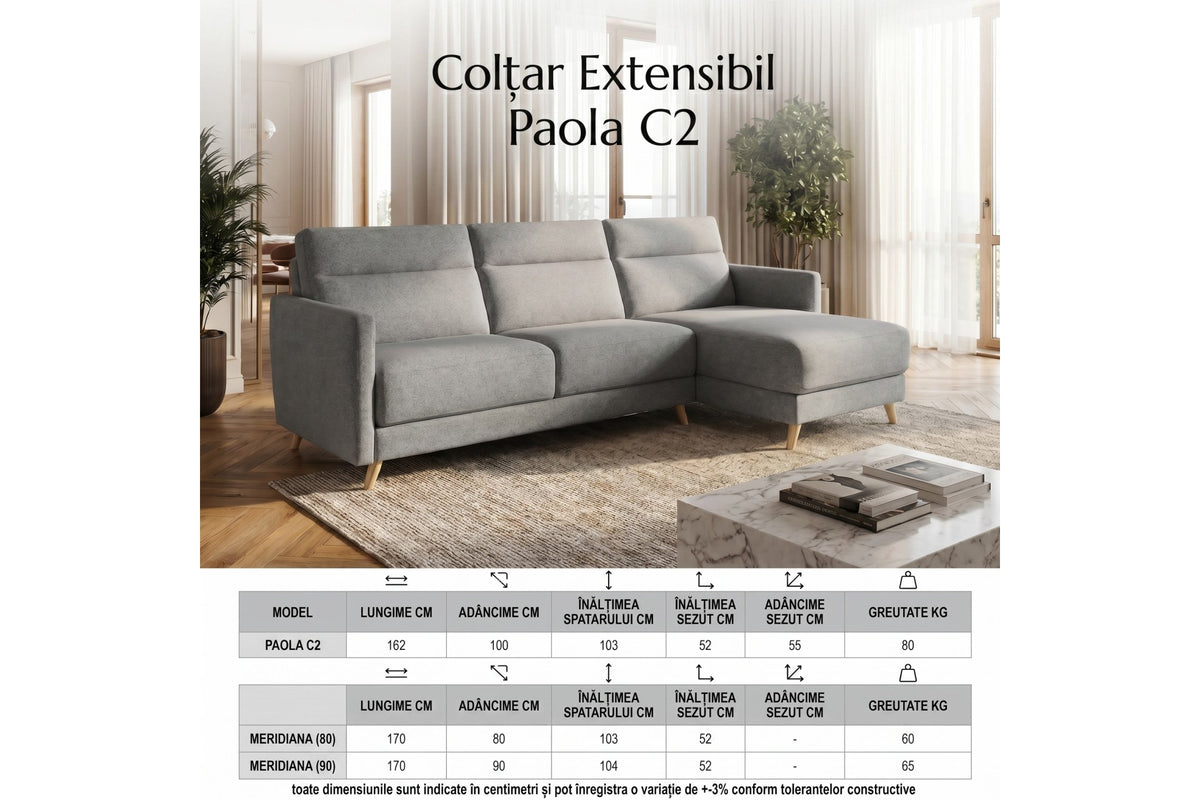 Colțar Extensibil PAOLA – Sistem Ribalta, Saltea Inclusă și Spațiu de Depozitare