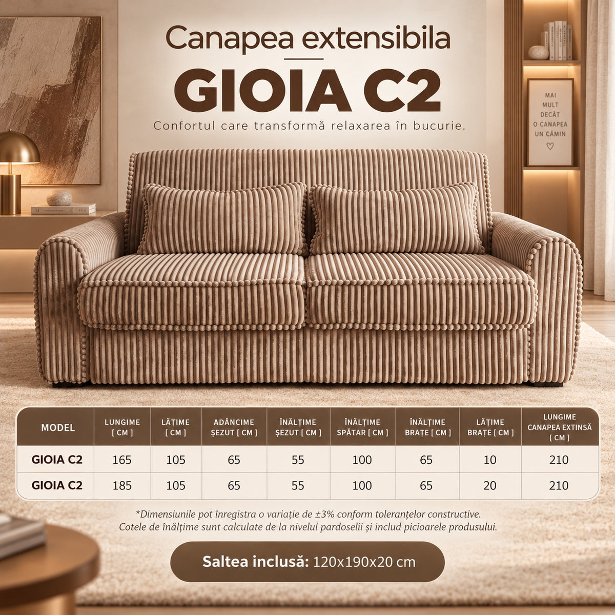Canapea extensibilă GIOIA C2, cu saltea inclusă
