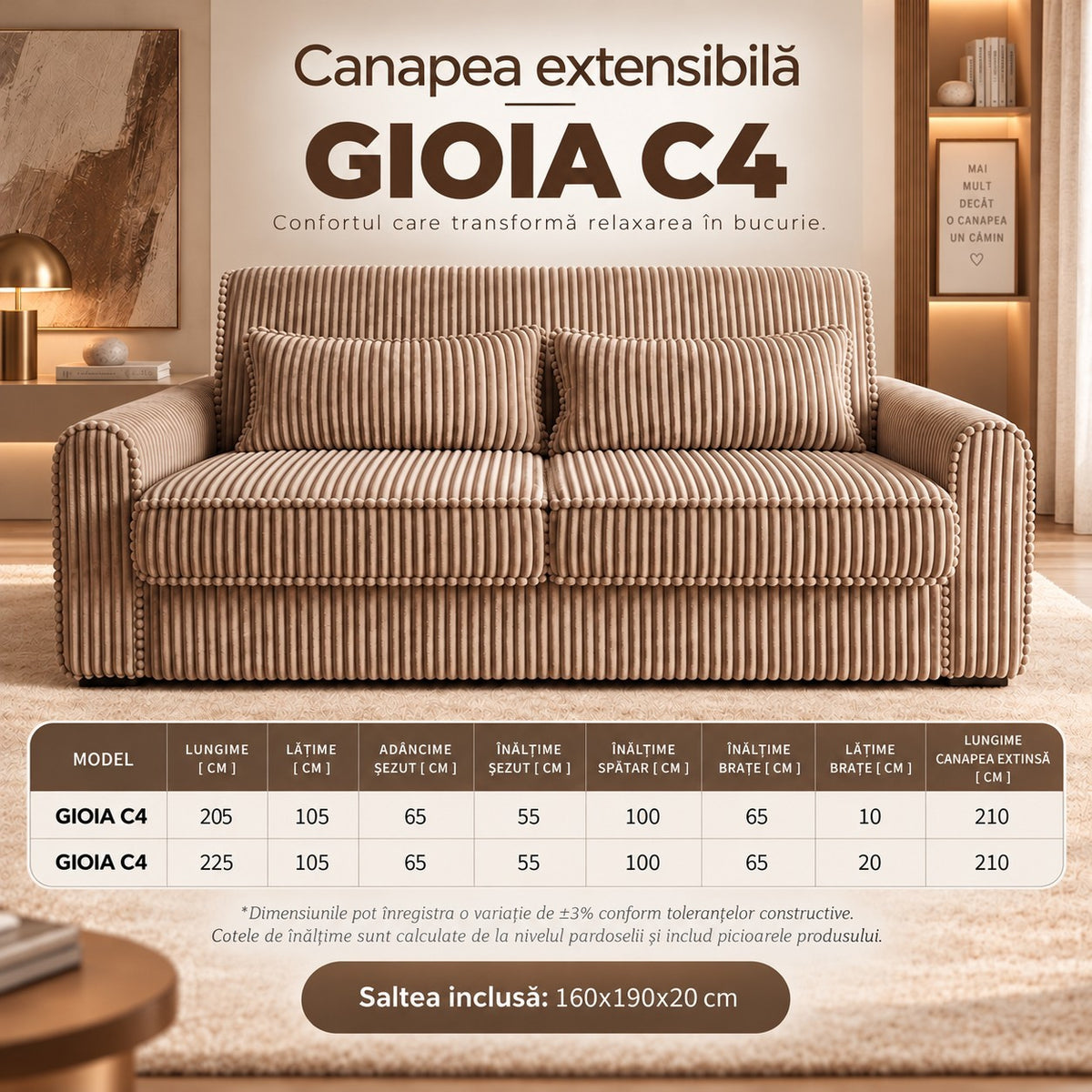 Canapea extensibilă GIOIA C4, cu saltea inclusă