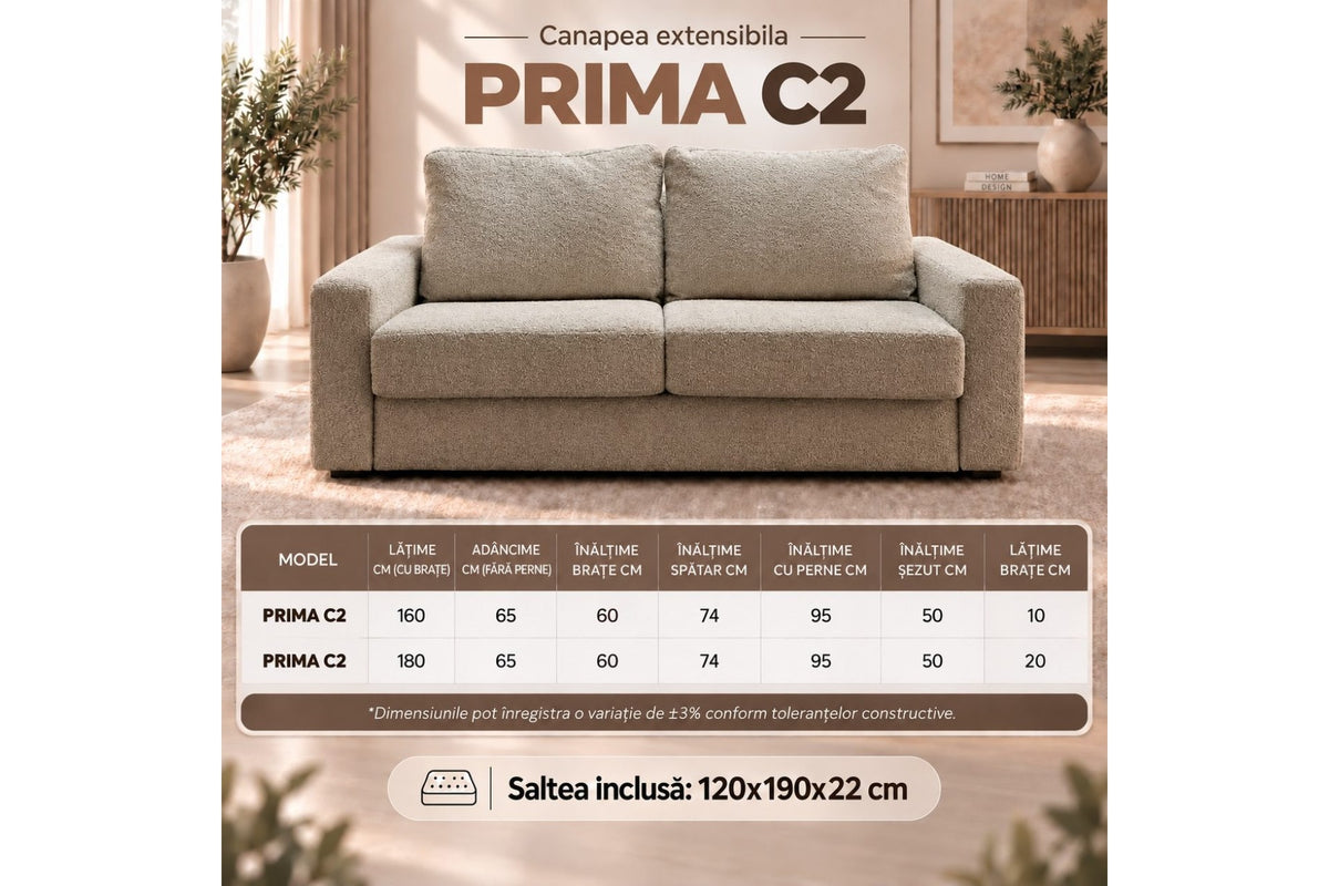 Canapea Extensibilă PRIMA – Saltea Inclusă 22 cm, Mecanism Italian și Brațe la Alegere