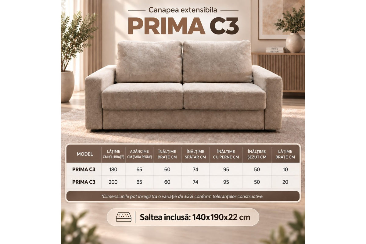 Canapea Extensibilă PRIMA – Saltea Inclusă 22 cm, Mecanism Italian și Brațe la Alegere