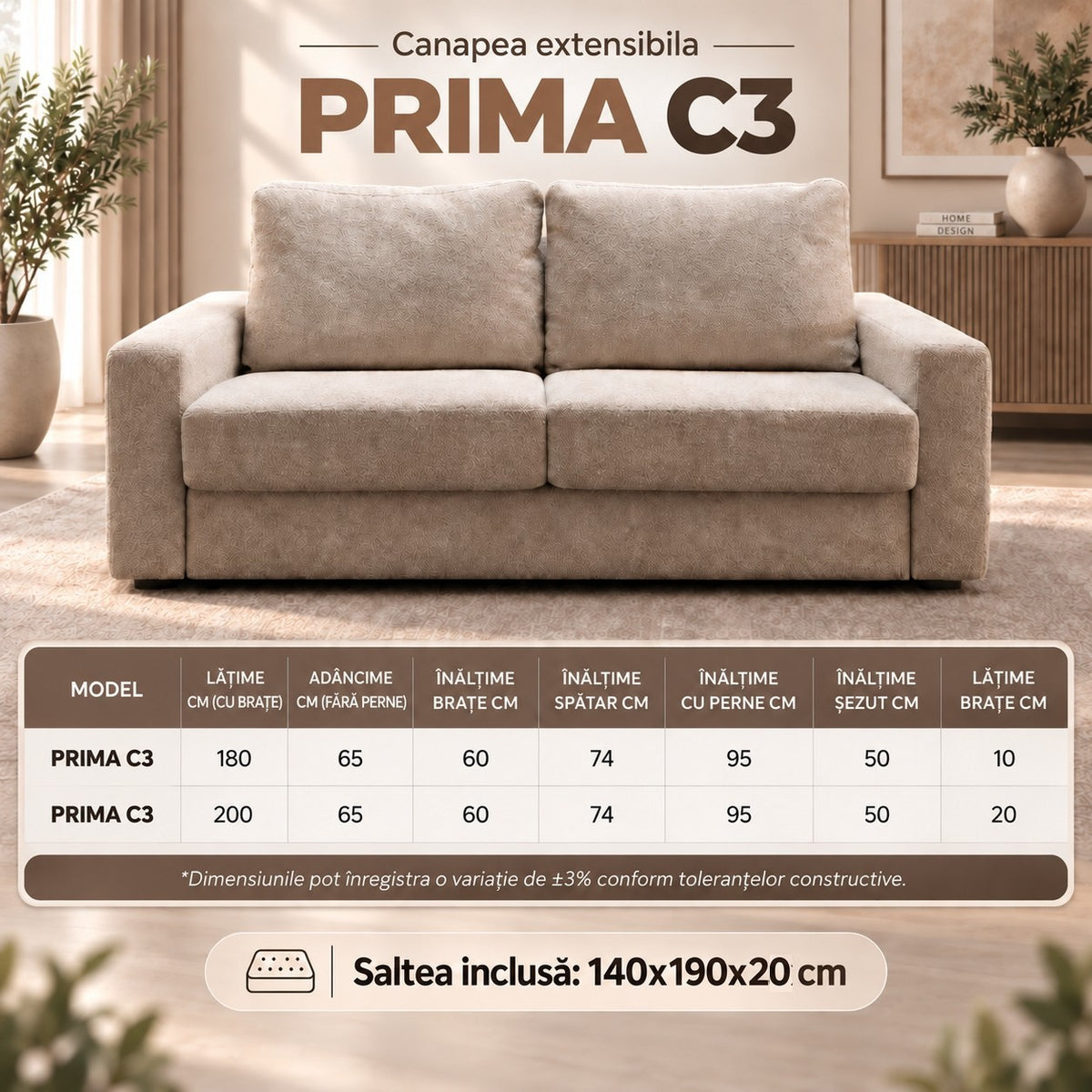 Canapea extensibilă PRIMA dimensiuni PRIMA C3