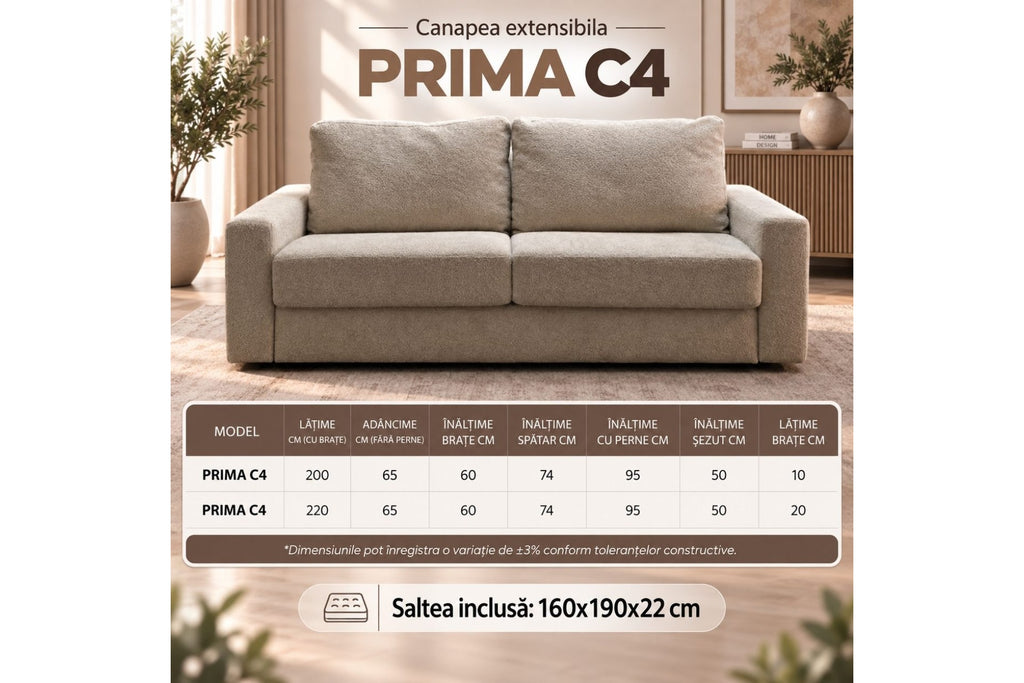 Canapea Extensibilă PRIMA – Saltea Inclusă 22 cm, Mecanism Italian și Brațe la Alegere