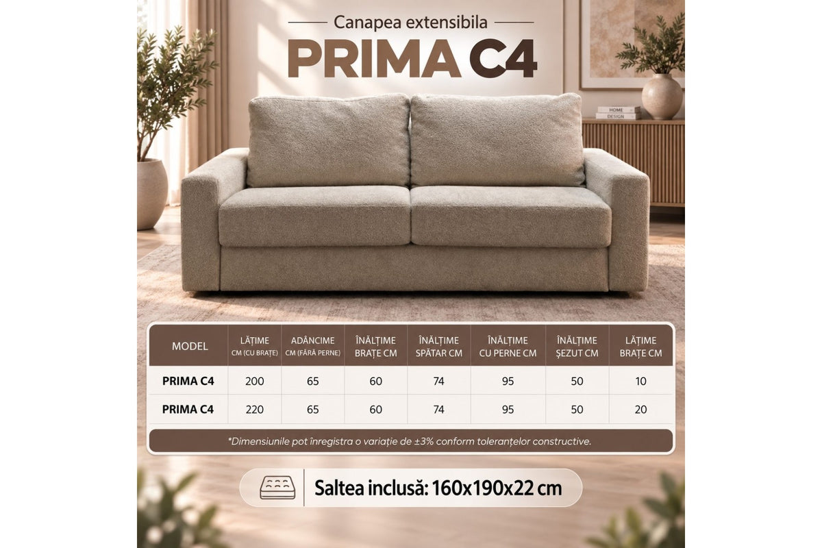 Canapea Extensibilă PRIMA – Saltea Inclusă 22 cm, Mecanism Italian și Brațe la Alegere