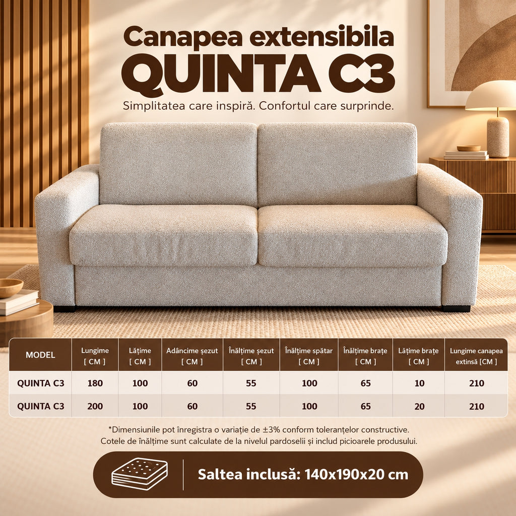 Canapea extensibilă QUINTA C3, dimensiuni QUINTA C3