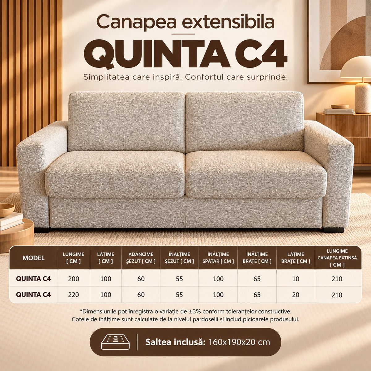 Canapea extensibilă QUINTA C4, dimensiuni QUINTA C4