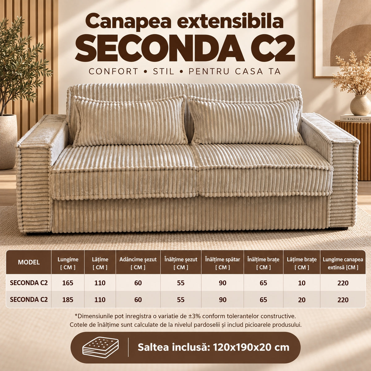 Canapea extensibilă SECONDA dimensiuni SECONDA C2