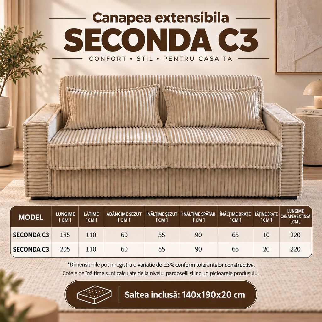 Canapea extensibilă SECONDA dimensiuni SECONDA C3
