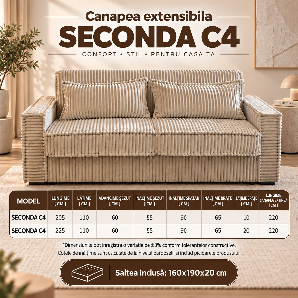 Canapea extensibilă SECONDA dimensiuni SECONDA C4