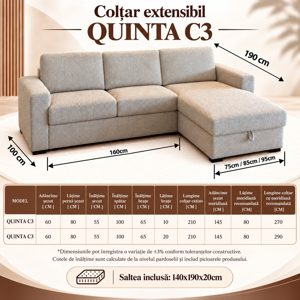 Colțar extensibil QUINTA C3+M, dimensiuni QUINTA C3+M