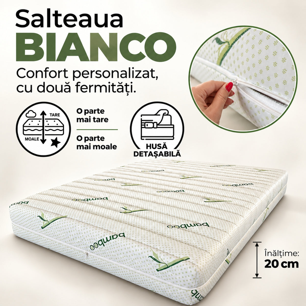 Saltea BIANCO 160x200, 20 cm – Reversibila, Ortopedica si Husa cu Fibre de Bambus