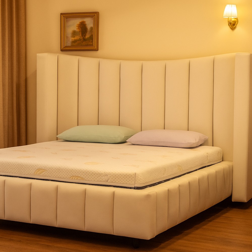 Pat Tapițat AGORA – Design Spectaculos cu Aripi, Somieră Rabatabilă și Depozitare