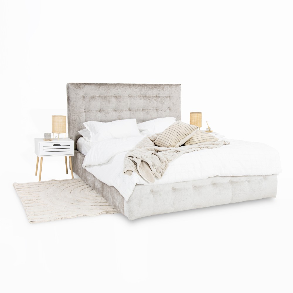 Pat Tapițat AMOS – Design Masiv, Somieră Rabatabilă și Spațiu de Depozitare