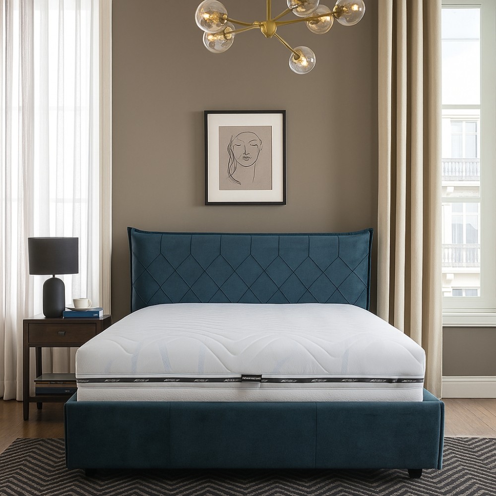 Pat tapitat PARIS cu somiera rabatabila si spatiu de depozitare